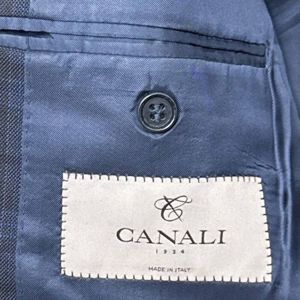 Canali 1934 Mens Suit Jacket 44R Navy Blue Twill Wool Silk Blend Checks L13290